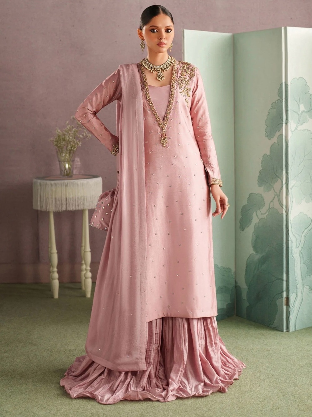 Dastoor Collection Raeha Blush Pink Embellished 3 Piece Suit M